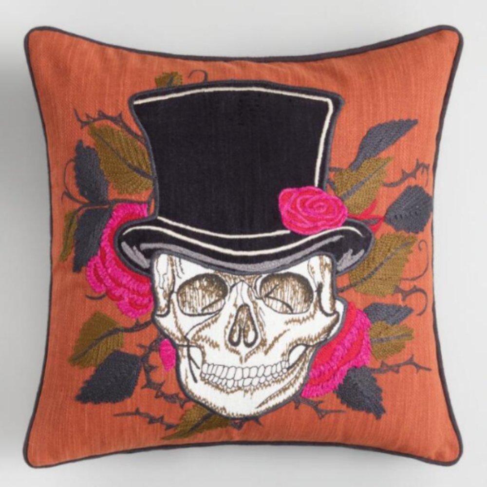 NWOT Skull With Top Hat Orange Throw Pillow
